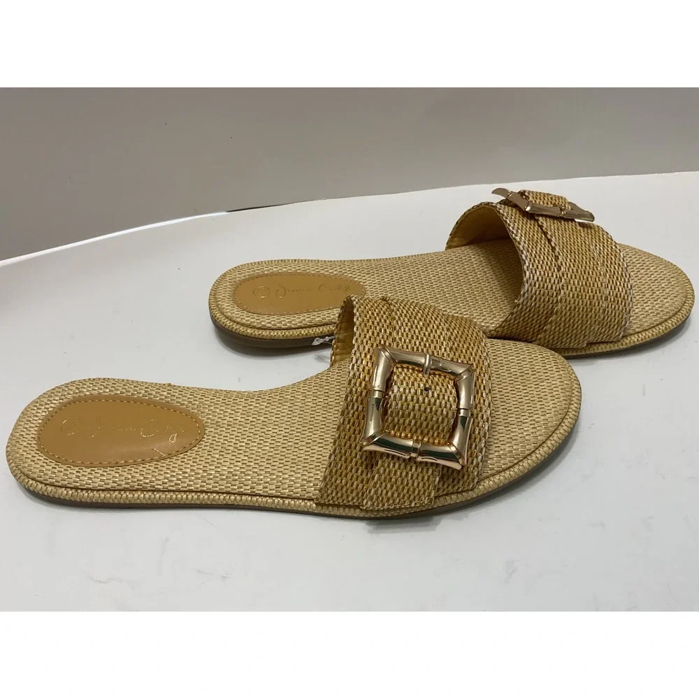 Jessica Carlyle Avero Tan Woven Raffia Buckle Slide Sandals Womens 10 New Sh4